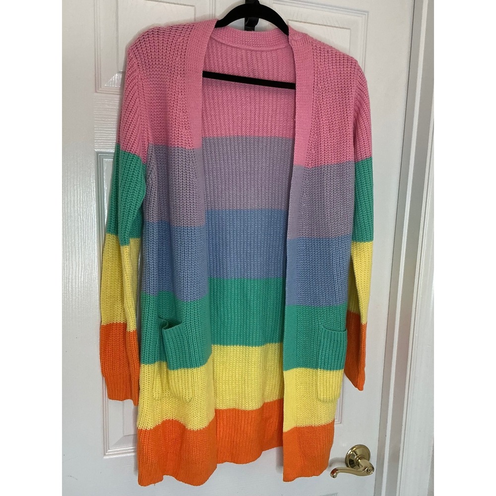 Rainbow Striped Open Front Longline Cardigan Sweater Pink Blue Yellow J3968 New